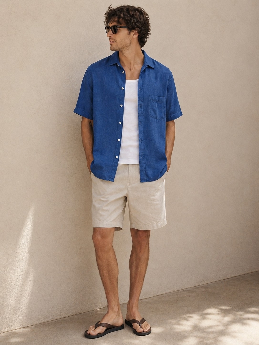 LANDS' END 100% LINEN MEN'S BLUE SHORT SLEEVE BUTTON UP SHIRT M